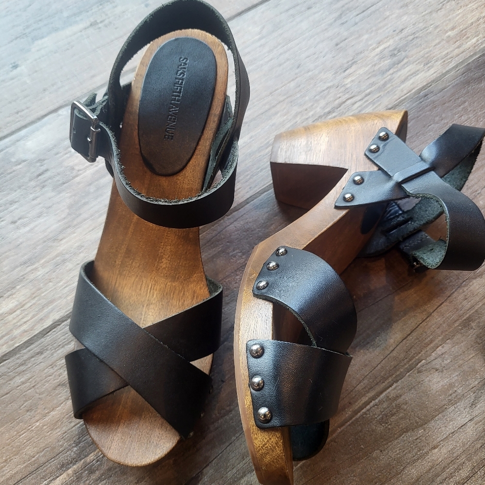 Saks Fifth Avenue Black & Brown Studded Wooden Sandal Heels W/ Adjustable Straps